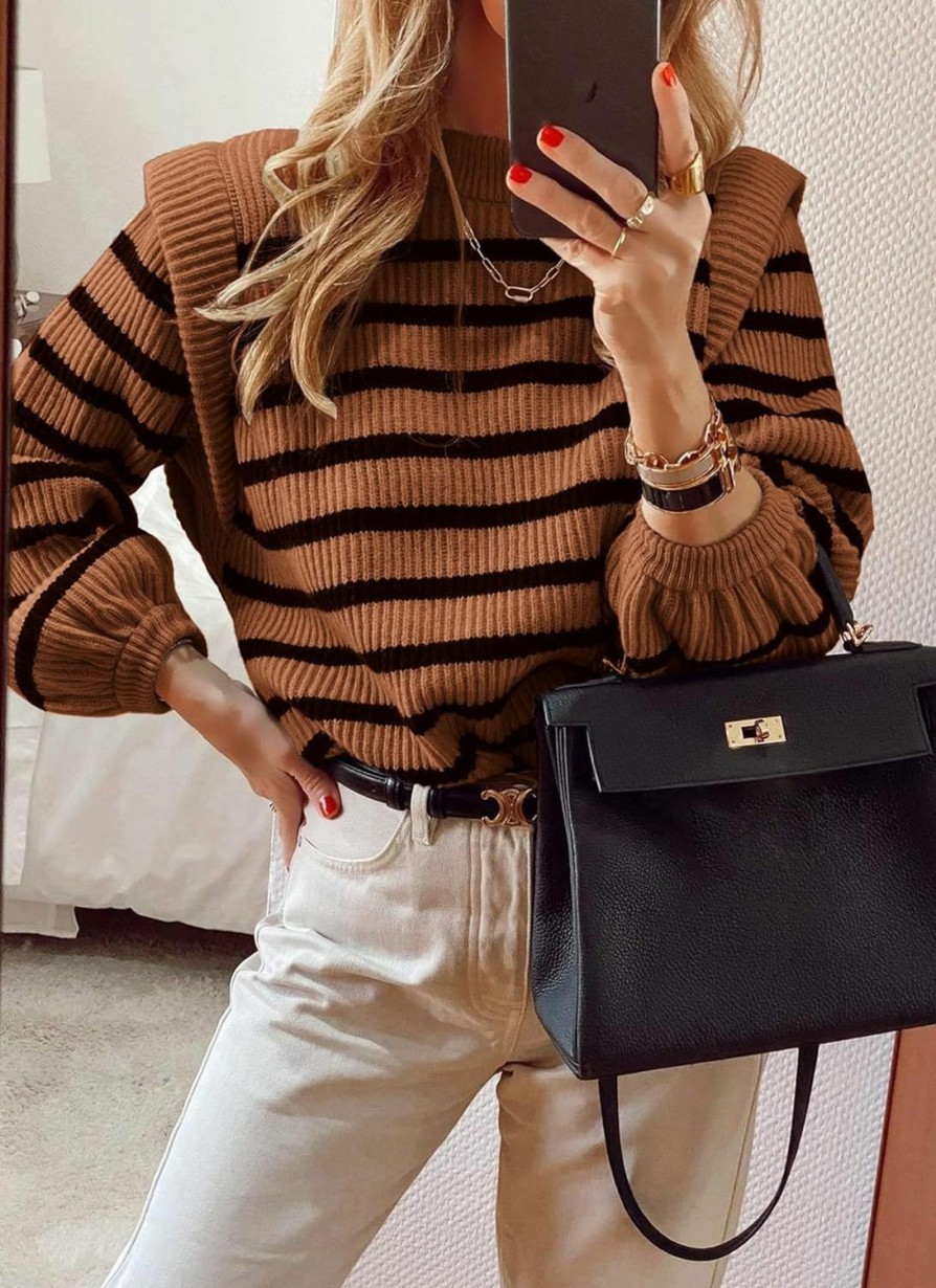 Sweaters | PRETTYGARDEN Prettygarden Women'S Sweaters Casual Long Lantern Sleeve Crewneck Ribbed Knit Pullover Striped Jumper Tops Blouse