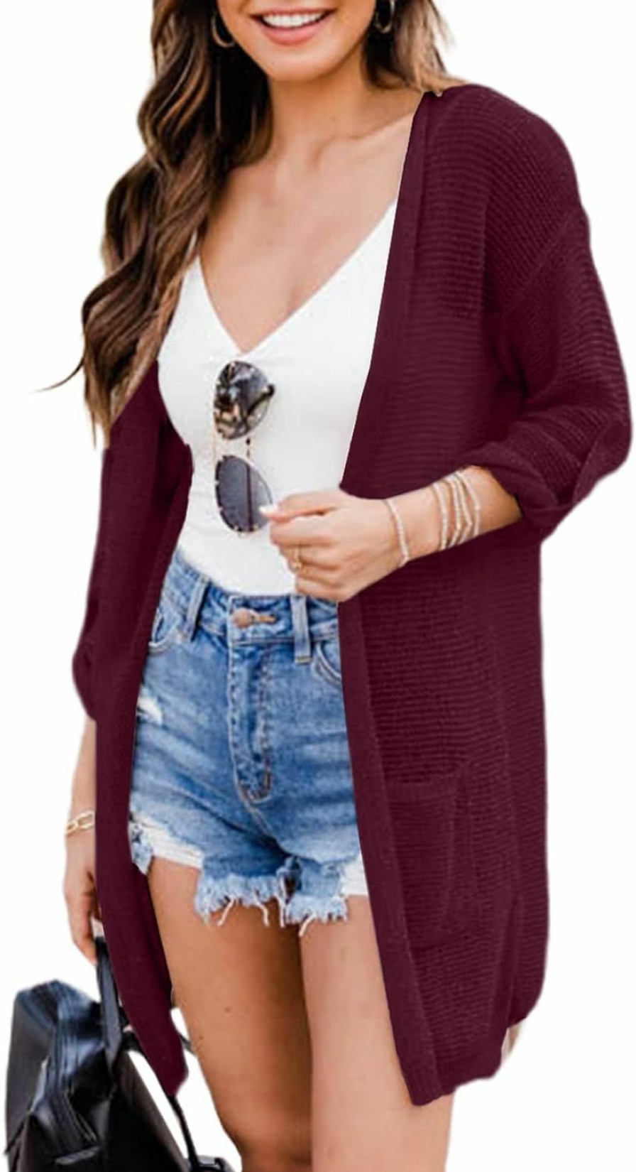 Sweaters | Sidefeel Sidefeel Women Open Front Boho Knit Cardigan Roll Up Sleeve Lightweight Sweater Crochet Outwear