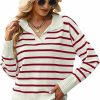 Sweaters | Mincib Women'S Lightweight Striped Loose Sweater Polo V Neck Knitted Lapel Shirt Casual Color Block Top With Cream Background