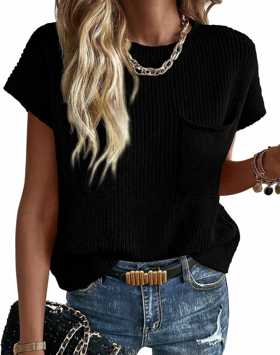 Sweaters | KIRUNDO Kirundo Short Sleeve Sweater For Women Casual Summer Crew Neck Loose Fit Ribbed Knit Lightweight Sweater Vest Pullover Tops Trendy Sweaters 2024 Spring Outfits(Black, Medium)