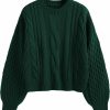 Sweaters | ZAFUL Zaful Women'S Solid Knit Cable Sweater Casual Long Lantern Sleeve Pullover Crew Neck Knitted Tops