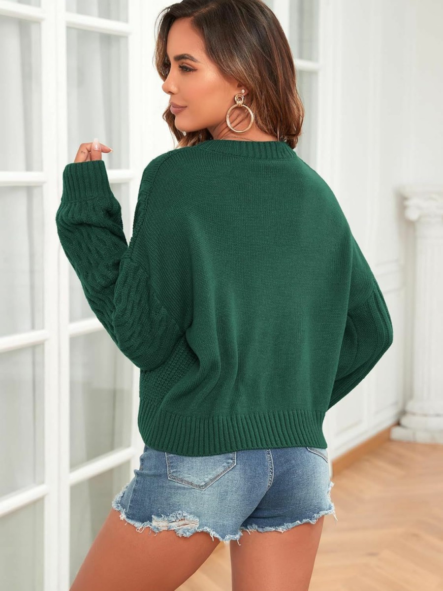 Sweaters | ZAFUL Zaful Women'S Solid Knit Cable Sweater Casual Long Lantern Sleeve Pullover Crew Neck Knitted Tops