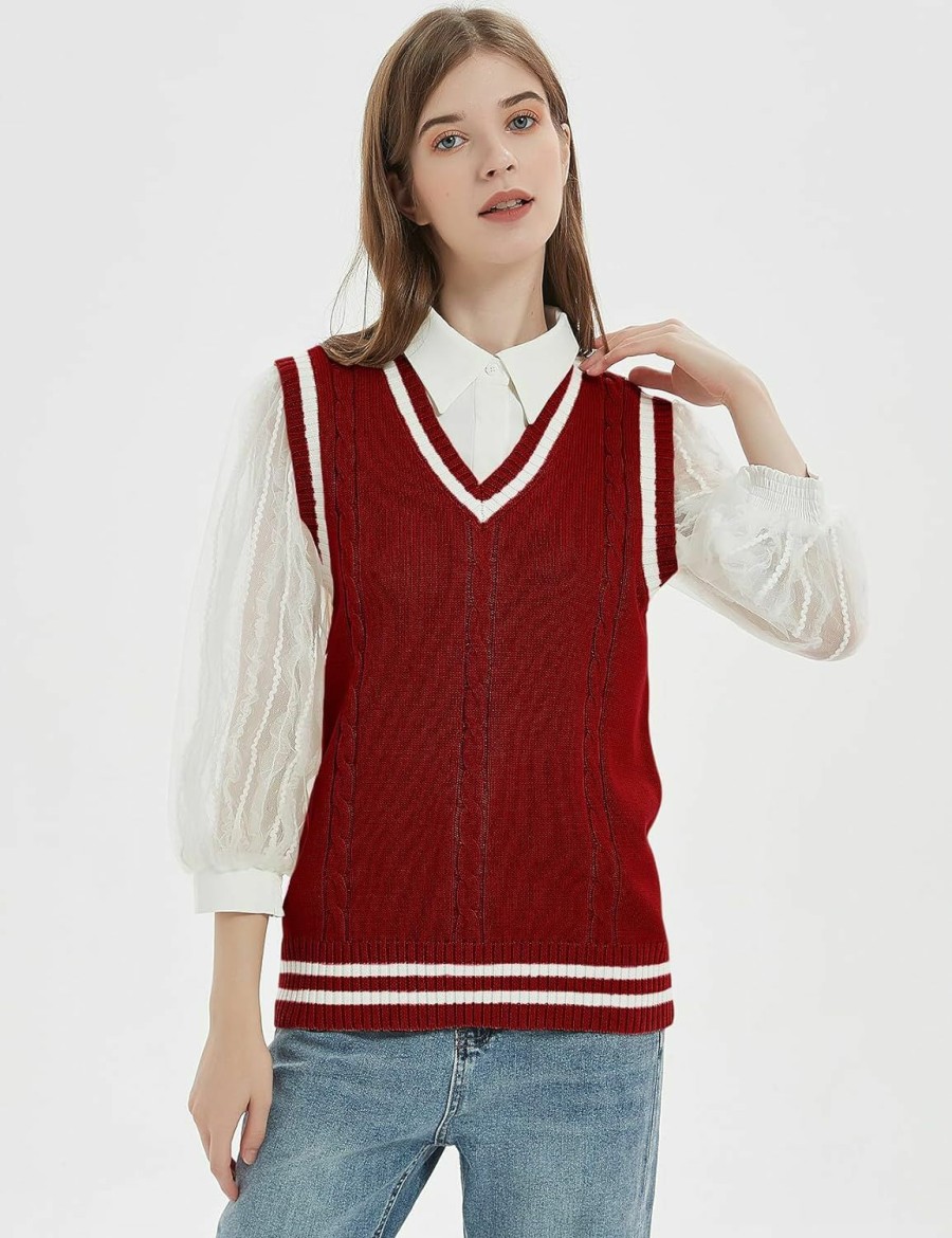 Sweaters | Gihuo Gihuo Women'S V Neck Trendy Sweater Vest Cable Knit Sleeveless Sweater Vest Houndstooth Sweater Vest