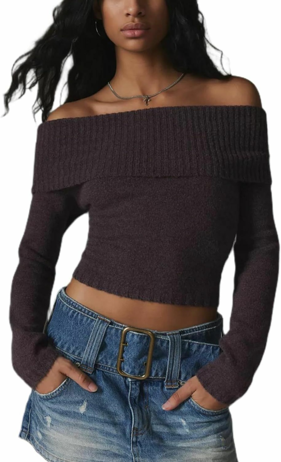 Sweaters | HOXIJIA Women Casual Solid Sweater Top Long Sleeve Off Shoulder Ribbed Knit Cropped Shirt Fairy Grunge Fall Y2K Streetwear