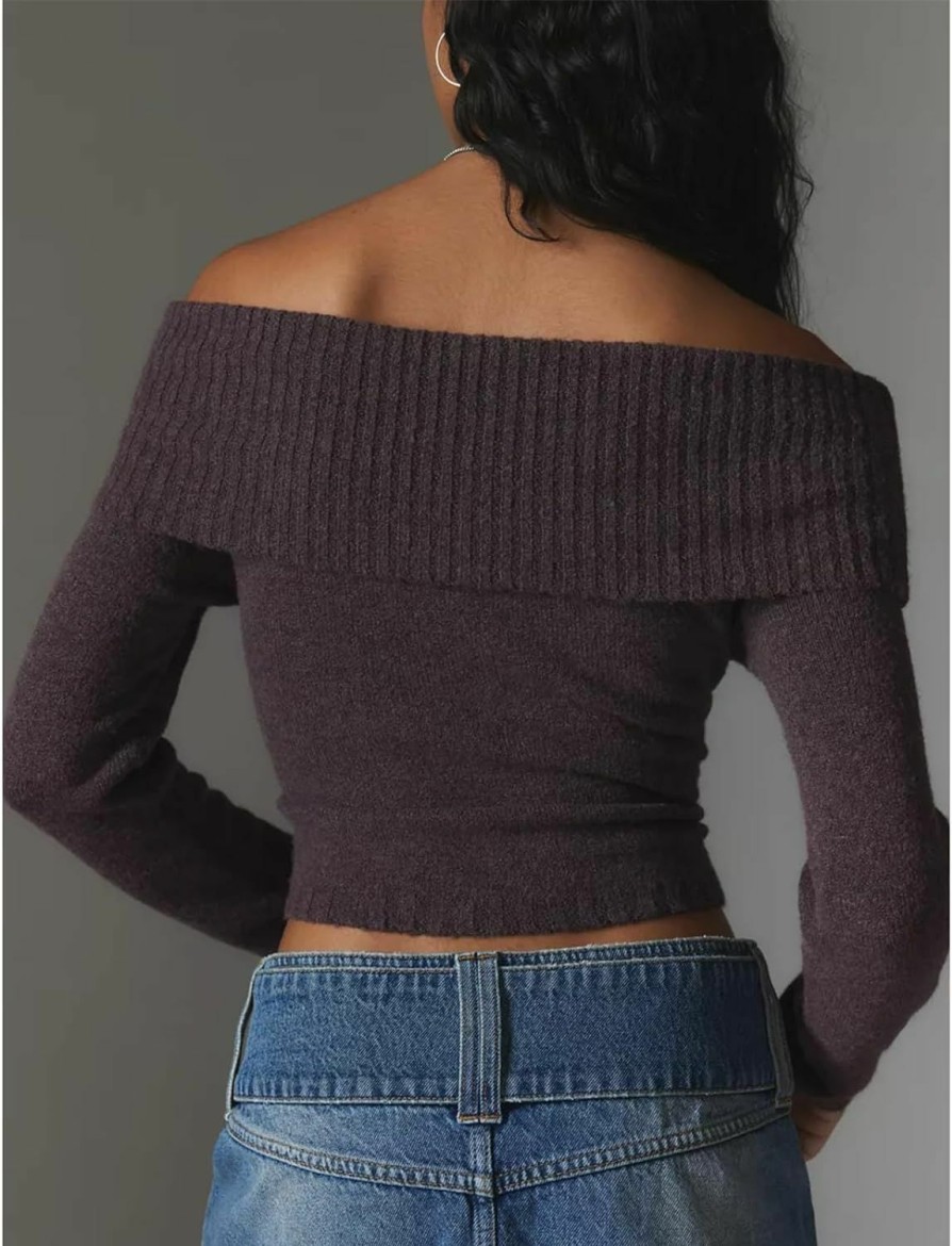 Sweaters | HOXIJIA Women Casual Solid Sweater Top Long Sleeve Off Shoulder Ribbed Knit Cropped Shirt Fairy Grunge Fall Y2K Streetwear