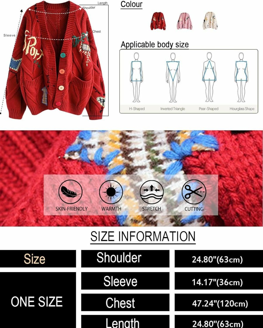 Sweaters | Arssm Arssm Graphic Sweaters For Women Oversized Kawaii Embroidered Graphic V Neck Cable Knit Cardigan