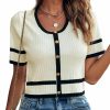 Sweaters | Milumia Milumia Women'S Striped Button Up Cropped Short Sleeve Knit Tops