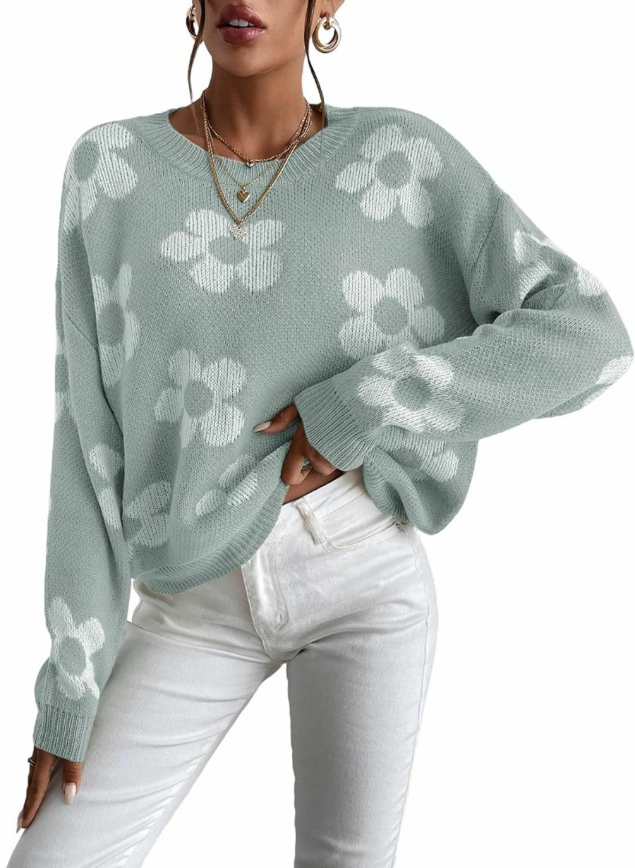 Sweaters | OYOANGLE Oyoangle Women'S Ribbed Knit Long Sleeve Top Floral Drop Shoulder Loose Sweater