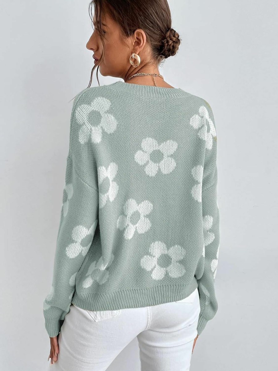 Sweaters | OYOANGLE Oyoangle Women'S Ribbed Knit Long Sleeve Top Floral Drop Shoulder Loose Sweater