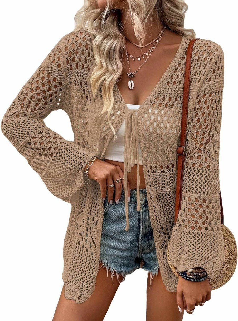 Sweaters | Verdusa Verdusa Women'S Tie Front Long Sleeve Hollow Out Sheer Kimono Cardigan Cover Up