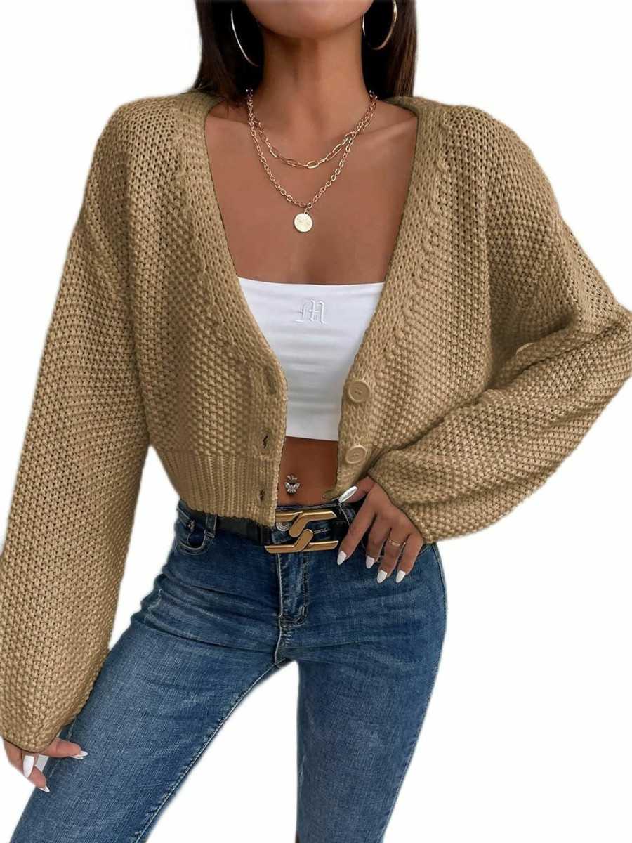 Sweaters | MakeMeChic Makemechic Women'S Waffle Knit V Neck Button Up Bishop Sleeve Cropped Cardigan Sweater