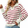 Sweaters | HIZIPOP Women'S Striped Pullover Sweater Casual Loose Color Block Long Sleeve Polo V Neck Knitted Jumper Tops