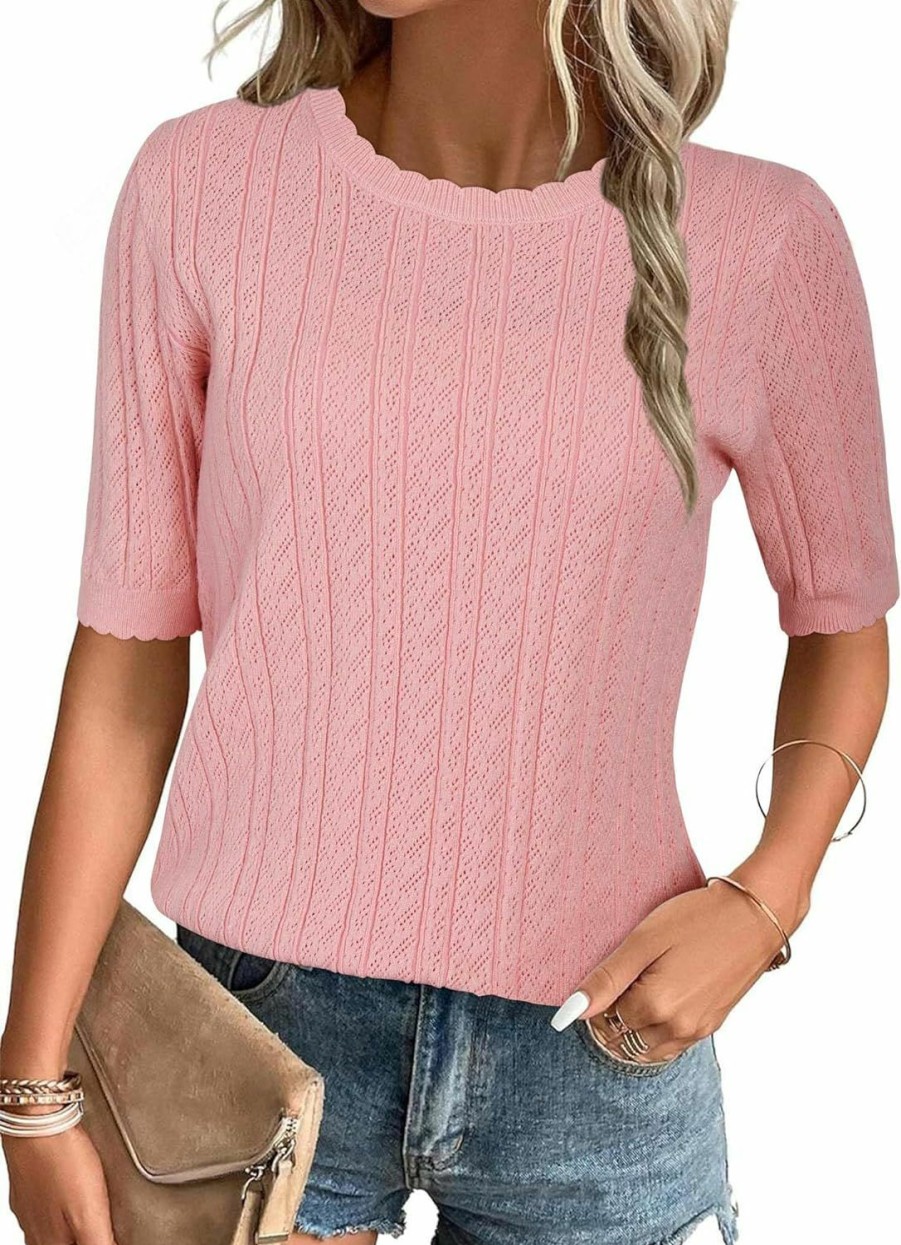 Sweaters | Arach&Cloz Arach&Cloz Womens Summer Sweater 2024 Spring Tops Short Sleeve Casual Blouses Crewneck Fashion Hollow Out Knit Pullover Shirt