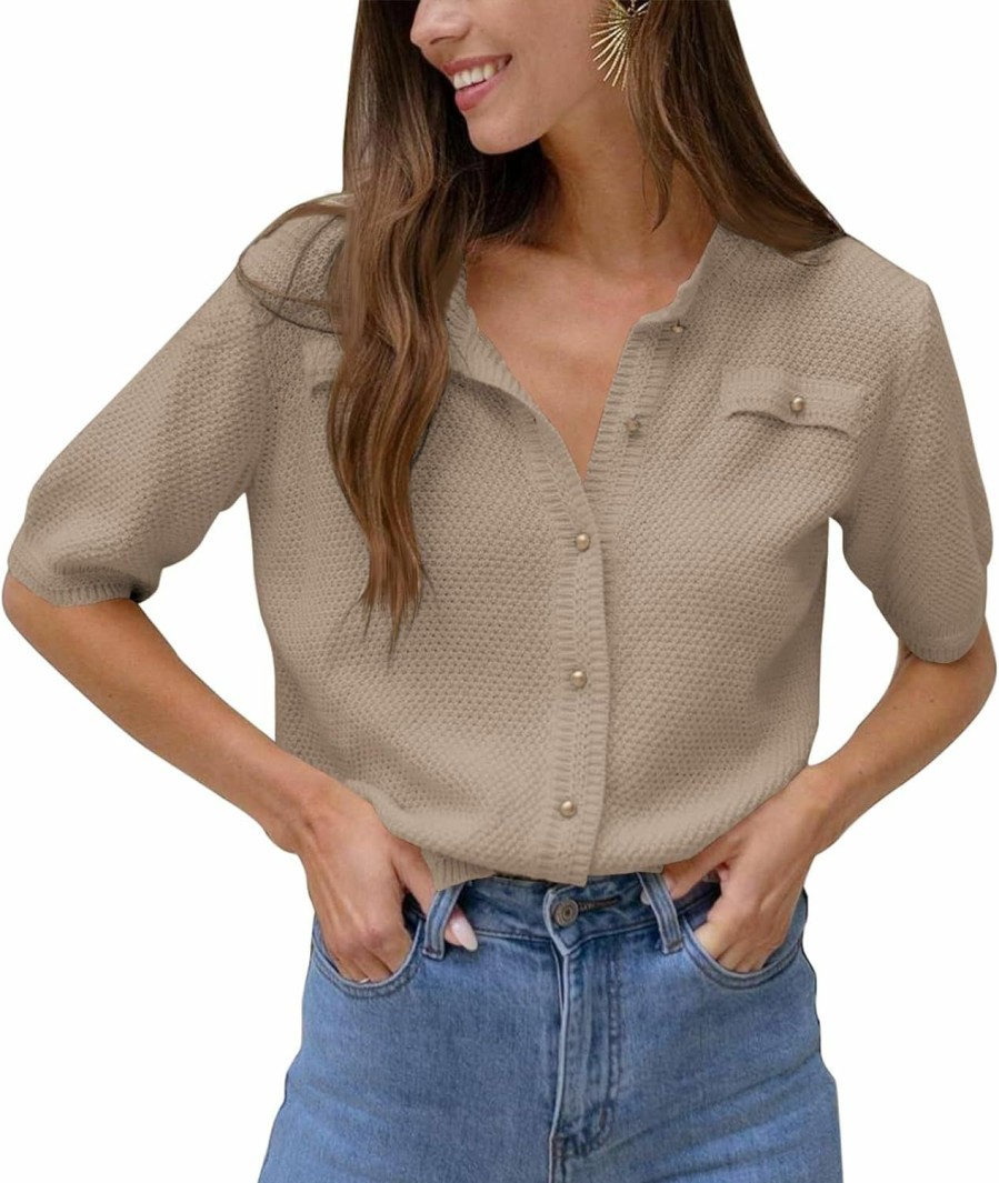 Sweaters | Imily Bela Imily Bela Womens Button Down Shirts Summer Casual Short Sleeve Crew Neck Ribbed Knit Sweater Cardigans Blouse Tops