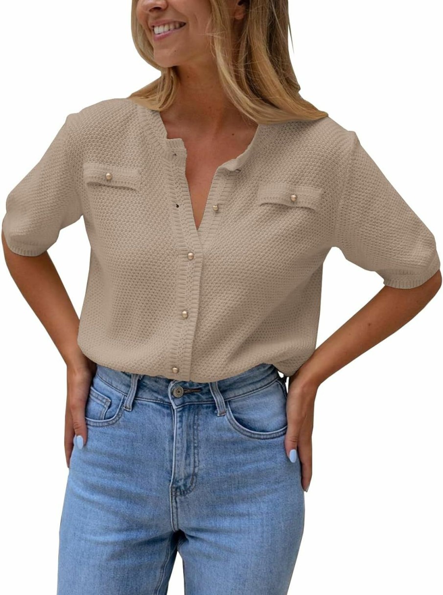 Sweaters | Imily Bela Imily Bela Womens Button Down Shirts Summer Casual Short Sleeve Crew Neck Ribbed Knit Sweater Cardigans Blouse Tops