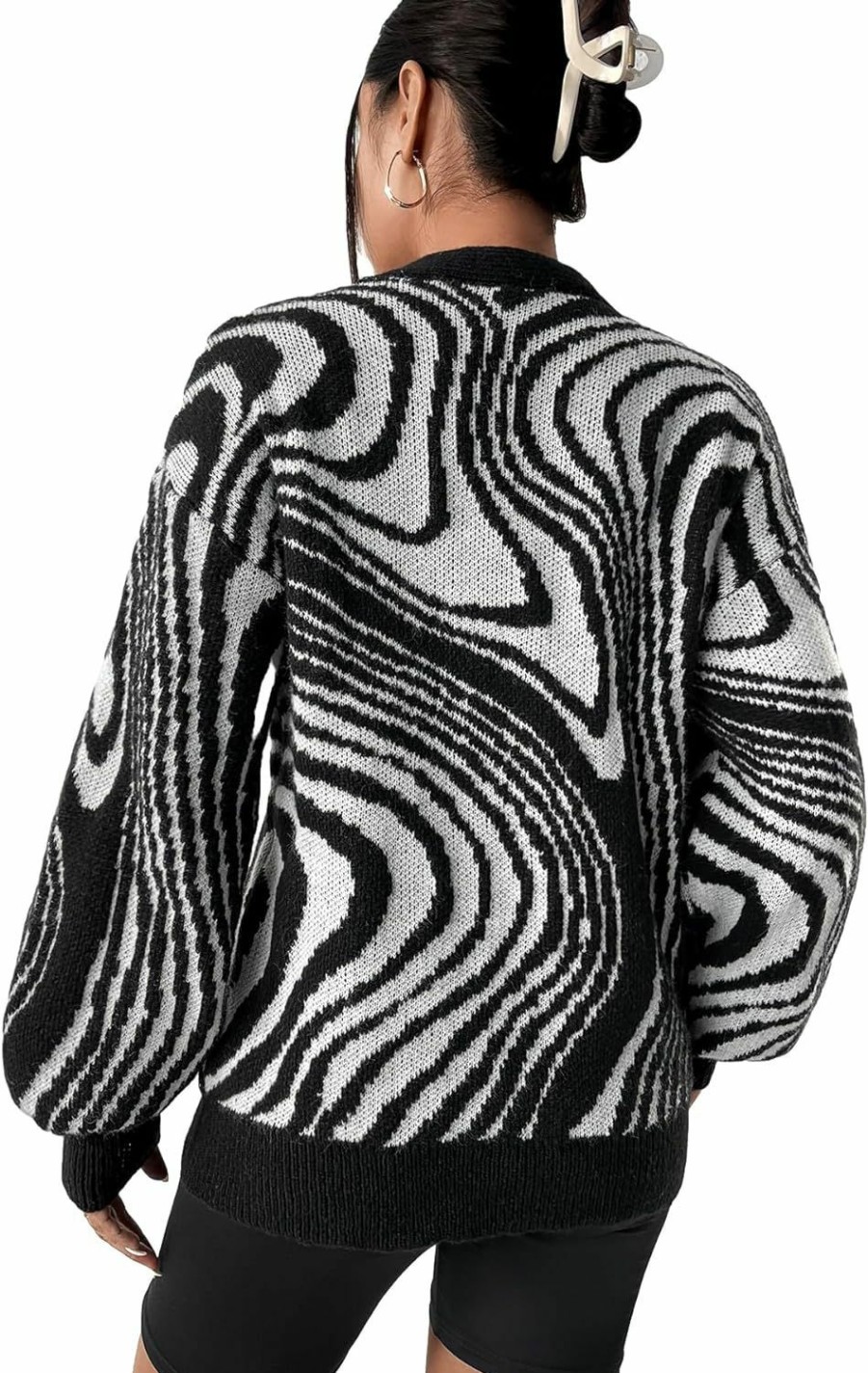 Sweaters | MakeMeChic Makemechic Women'S Zebra Striped Button Front V Neck Long Sleeve Knit Cardigan Sweater