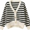 Sweaters | TXYJJP Women Striped Sweater Lightweight Knitted Cropped Cardigan Jacket Y2K V-Neck Button Down Loose Open Front Knitwear