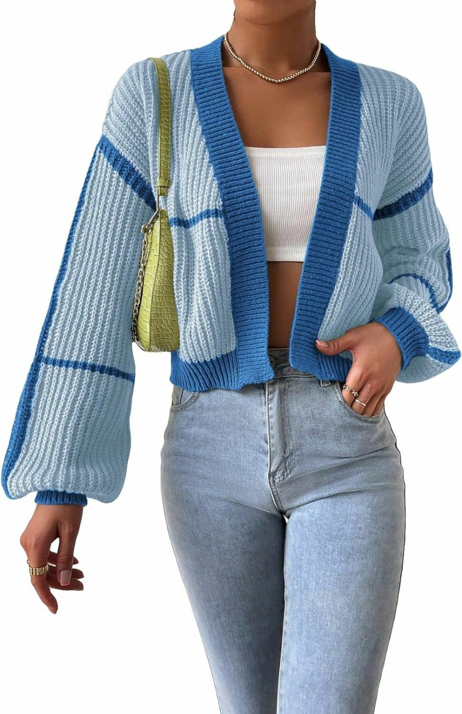 Sweaters | COZYEASE Cozyease Women'S Color Block Crop Cardigan Top Bishop Long Sleeve Open Front Sweater