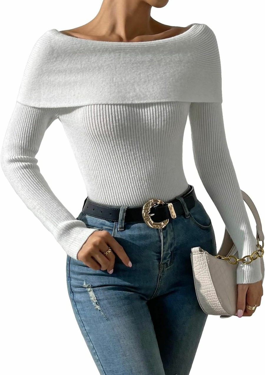 Sweaters | MakeMeChic Makemechic Women'S Off Shoulder Fold Over Long Sleeve Sweater Pullover Tops