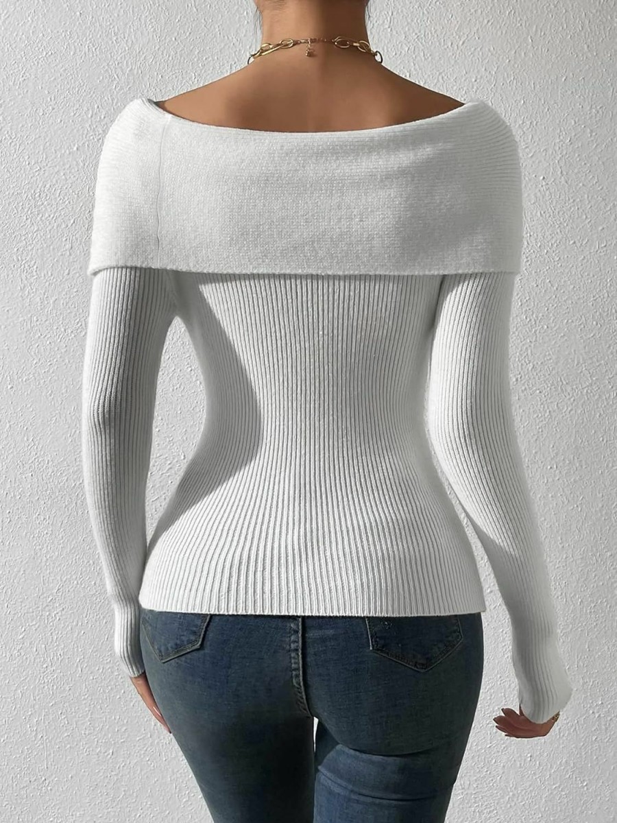 Sweaters | MakeMeChic Makemechic Women'S Off Shoulder Fold Over Long Sleeve Sweater Pullover Tops