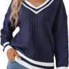 Sweaters | Jollycode Jollycode Women'S Cable Knit V Neck Sweaters Casual Long Sleeve Pullover Striped 2023 Trendy Loose Preppy Jumper Top