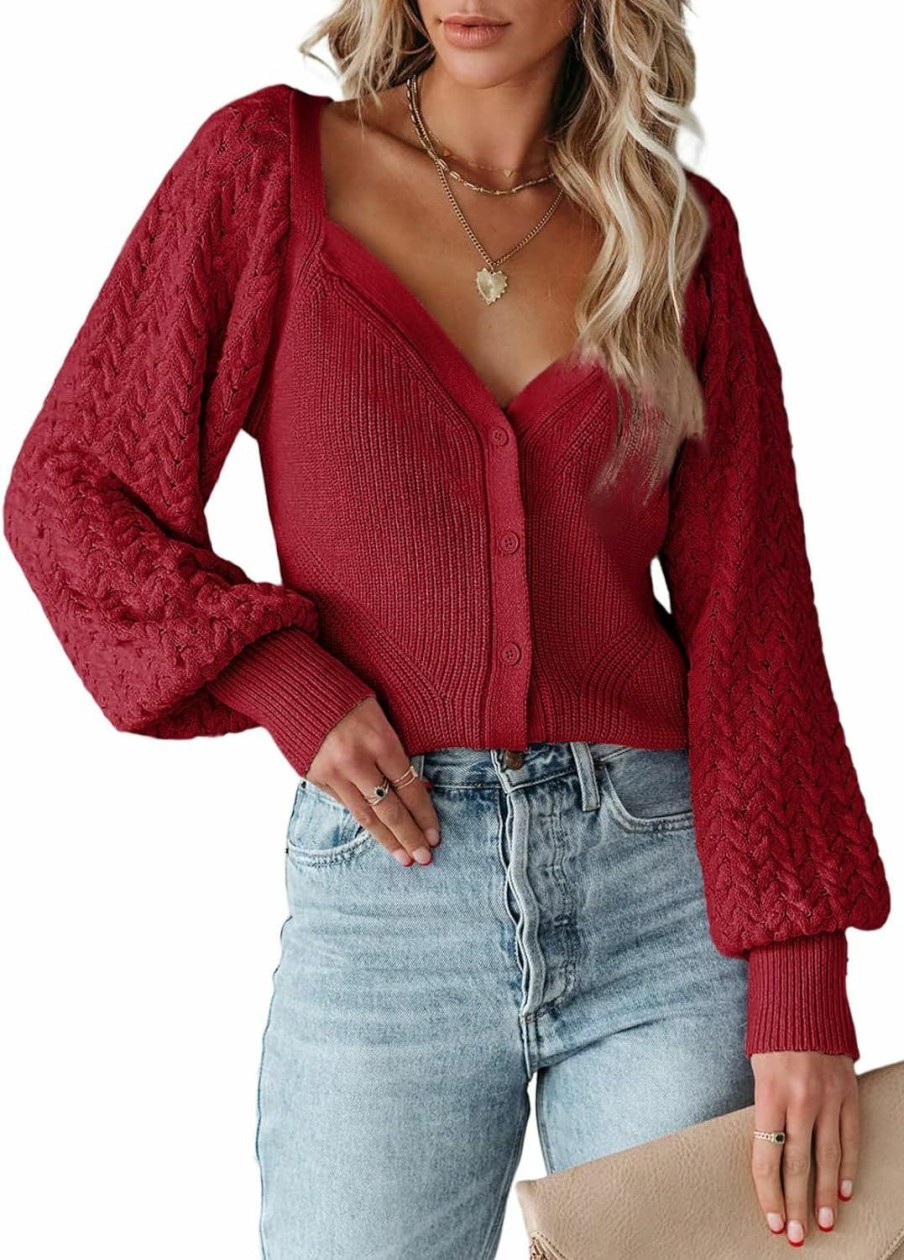 Sweaters | MARZXIN Marzxin 2023 Cropped Cardigan Sweaters For Women Cute Puff Sleeve V Neck Button Up Y2K Cardigan Crochet Cable Knit Sweater