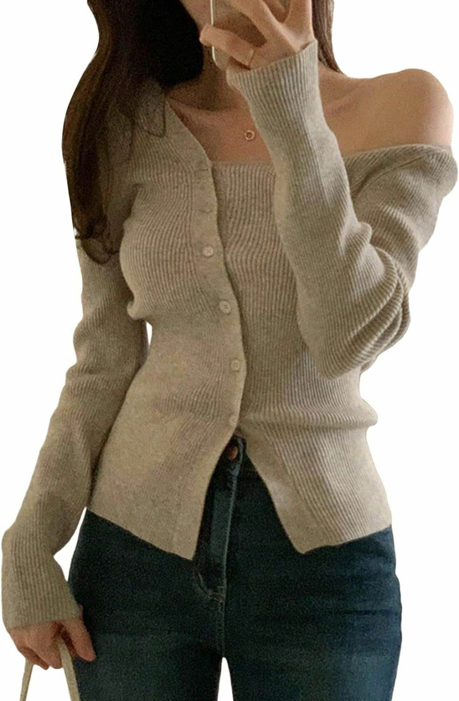 Sweaters | COZYEASE Cozyease Women'S Knit Cardigan Button Front Asymmetrical Neck Y2K Cardigan Sweater