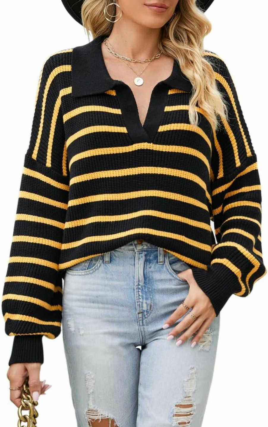 Sweaters | CHYRII Chyrii Women Overized Puff Long Sleeve V Neck Knitted Polo Pullover Sweater Jumper Tops