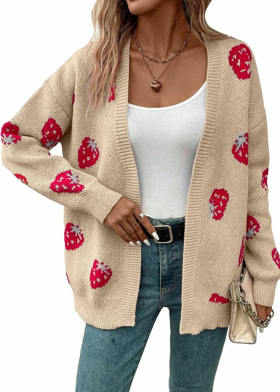 Sweaters | MakeMeChic Makemechic Women'S Strawberry Pattern Drop Shoulder Cardigan Long Sleeve Open Front Casual Outerwear