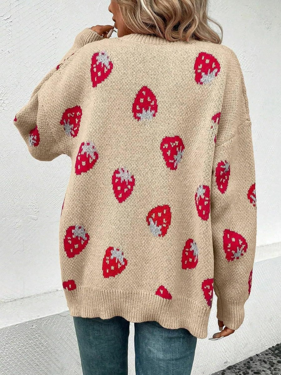 Sweaters | MakeMeChic Makemechic Women'S Strawberry Pattern Drop Shoulder Cardigan Long Sleeve Open Front Casual Outerwear