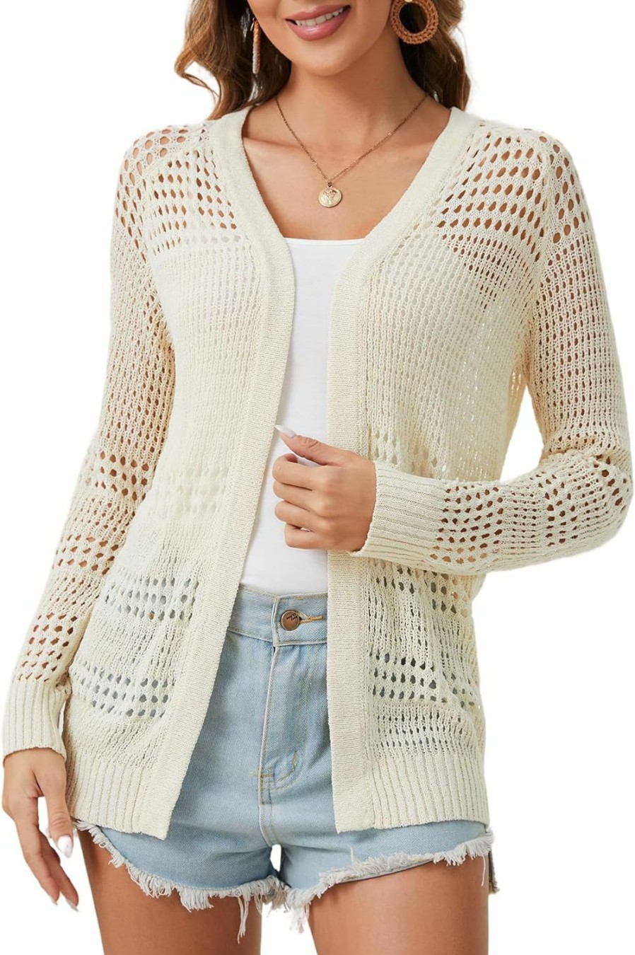 Sweaters | QIANSIQIANBO Womens Crochet Cardigan Cover Up Lightweight Cardigan Sweater Open Front Long Sleeve Summer Beach Coverups