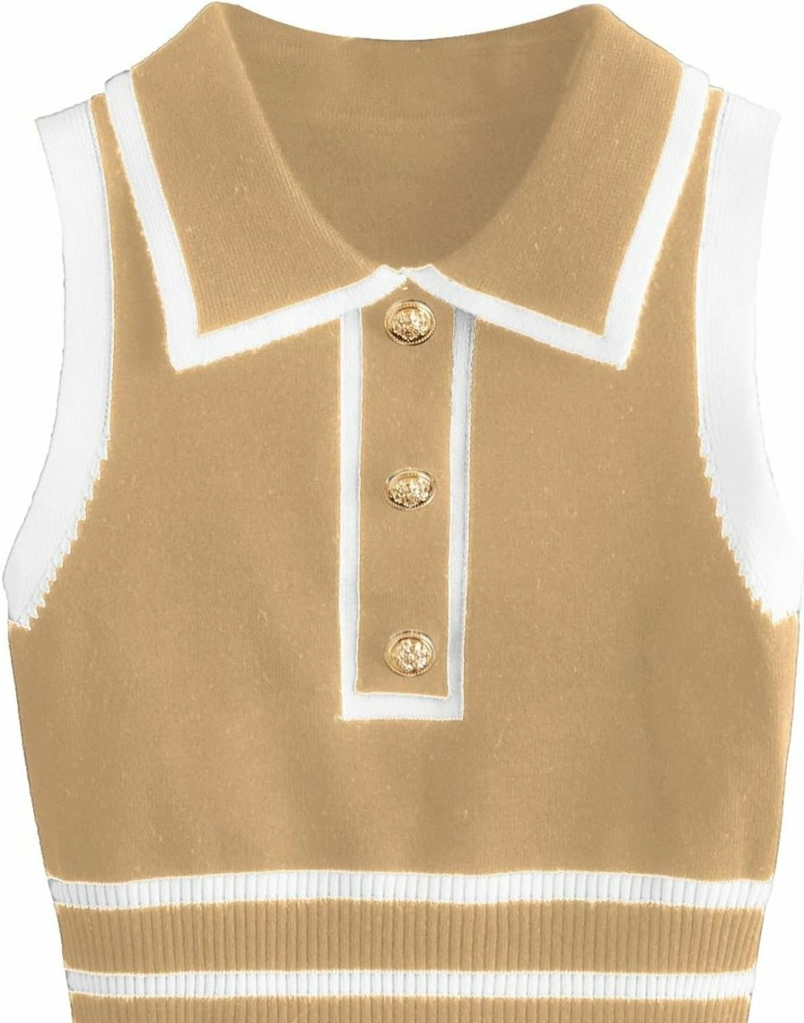 Sweaters | Verdusa Verdusa Women'S Button Front Striped Collar Sleeveless Sweater Vest Knit Top