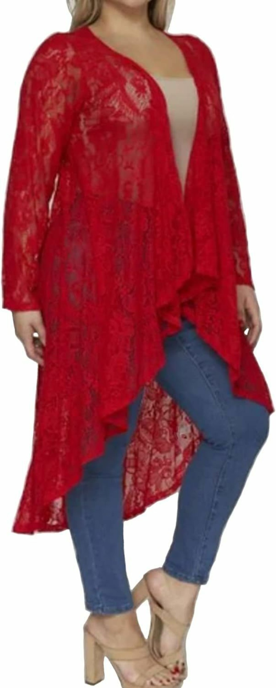 Sweaters | RED DOT BOUTIQUE 646 - Sheer Lace Long Sleeve Open Front Long Body Asymmetric Hem Hi Low Duster Cardigan