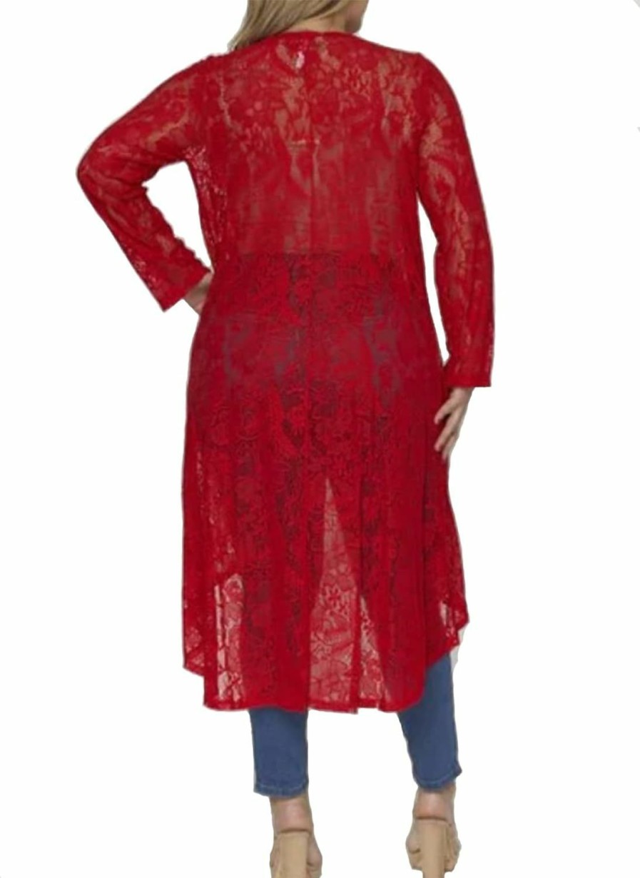 Sweaters | RED DOT BOUTIQUE 646 - Sheer Lace Long Sleeve Open Front Long Body Asymmetric Hem Hi Low Duster Cardigan