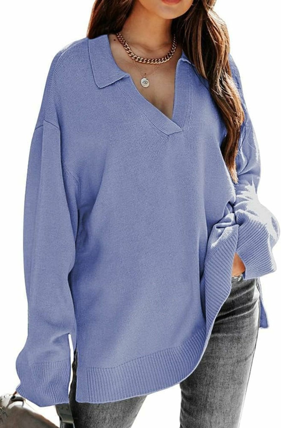 Sweaters | LILLUSORY Lillusory Womens V Neck Collared Oversized Fall Sweater 2023 Sexy Long Sleeve Knit Pullover Tunic Sweaters Top