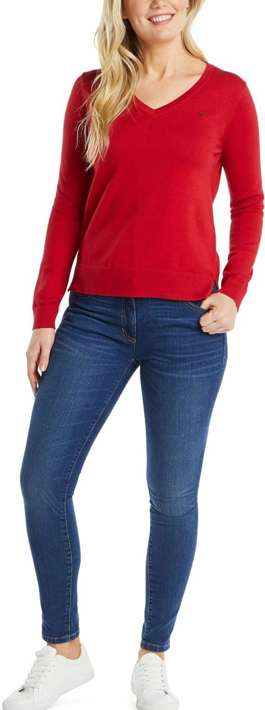 Sweaters | Nautica Nautica Women'S Effortless J-Class Long Sleeve 100% Cotton V-Neck Sweater