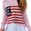 Sweaters | Owl's-Yard Women Vintage Loose Casual Sweater Long Sleeve Crew Neck Usa Flag Print Knit Pullover Knitwear Fall Streetwear