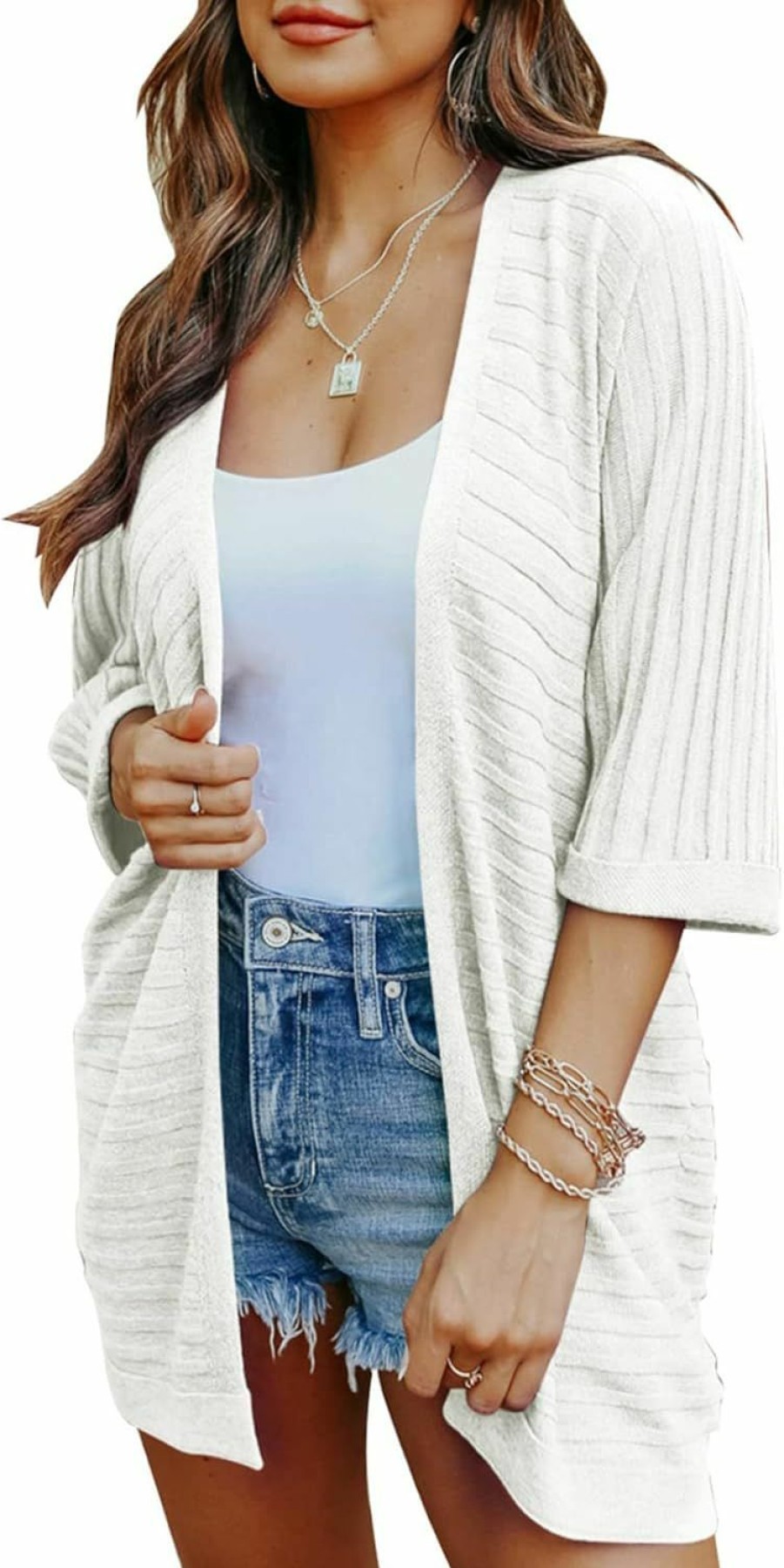 Sweaters | SHEWIN Shewin Women'S Casual 3/4 Short Sleeve Open Front Lightweight Cable Knit Kimono Cardigan Sweaters