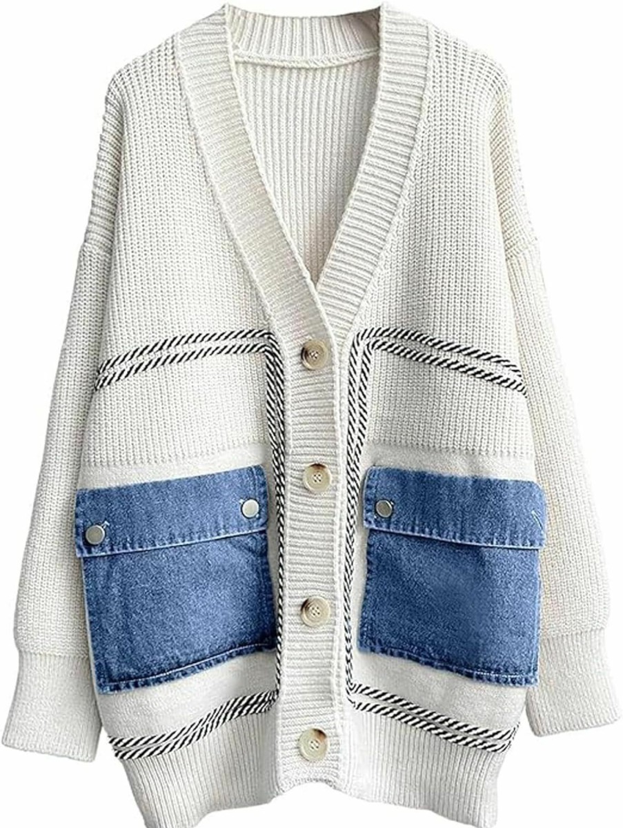 Sweaters | CHARTOU Chartou Women'S Open Front Cardigan Oversized Button Down Denim Jean Patchwork Sweater Coat