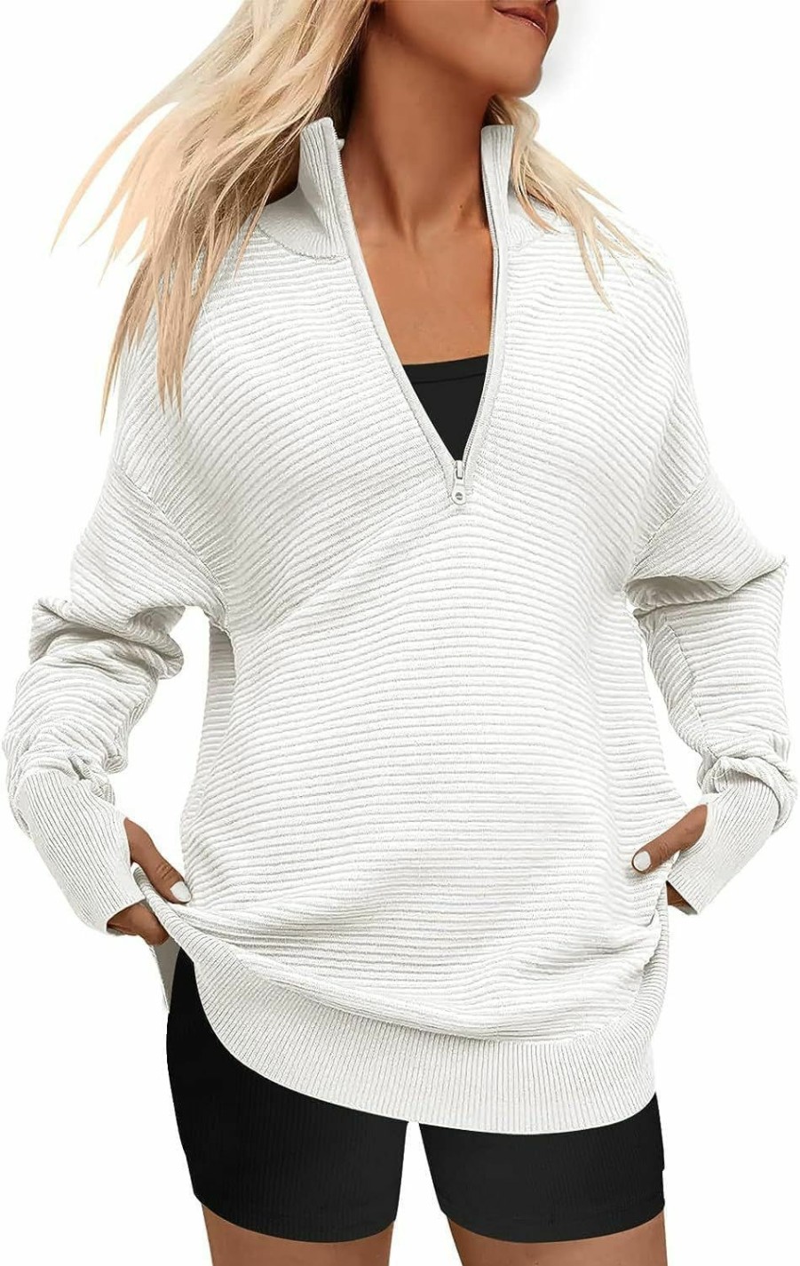 Sweaters | Gihuo Gihuo Women'S Half Zipper Sweaters Oversized Ribbed Knit 2023 Fall V Neck Tunic Collared Casual Pullover Thumb Hole