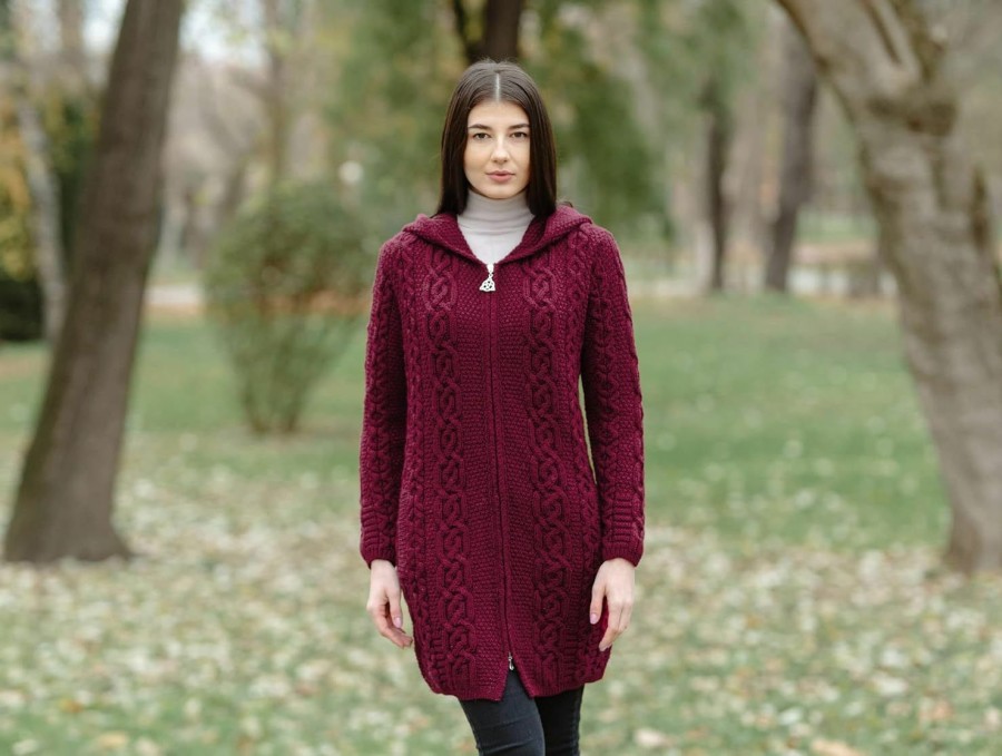 Sweaters | SAOL Saol 100% Merino Wool Aran Irish Cardigan For Women With Pockets, Hood And Celtic Zipper