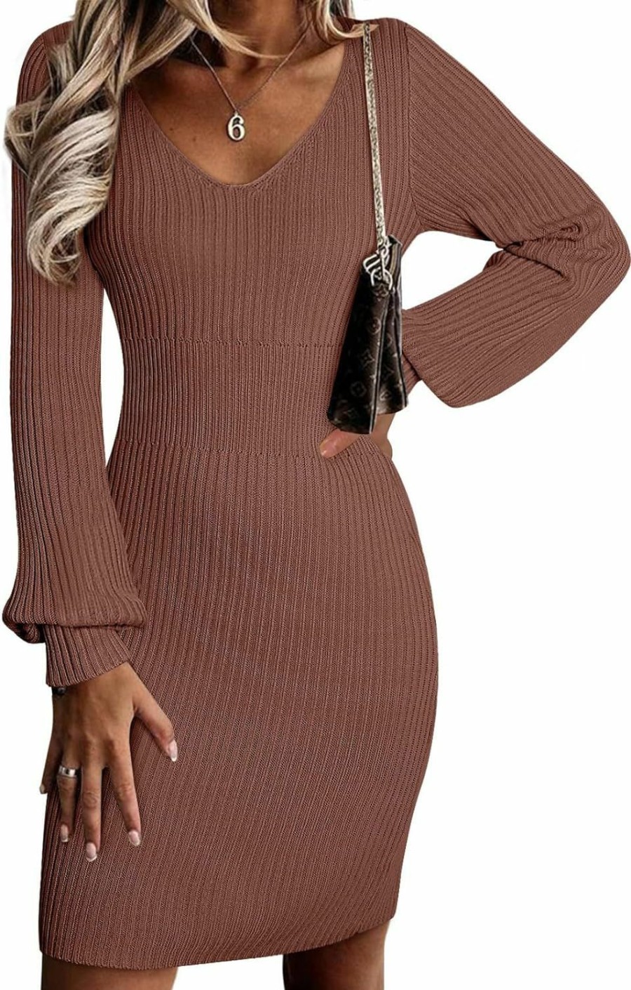 Sweaters | Sidefeel Sidefeel Womens 2023 Winter Ribbed Knit Sweater Dress Casual Long Sleeve Fall Dresses Sexy V Neck Bodycon Mini Dress