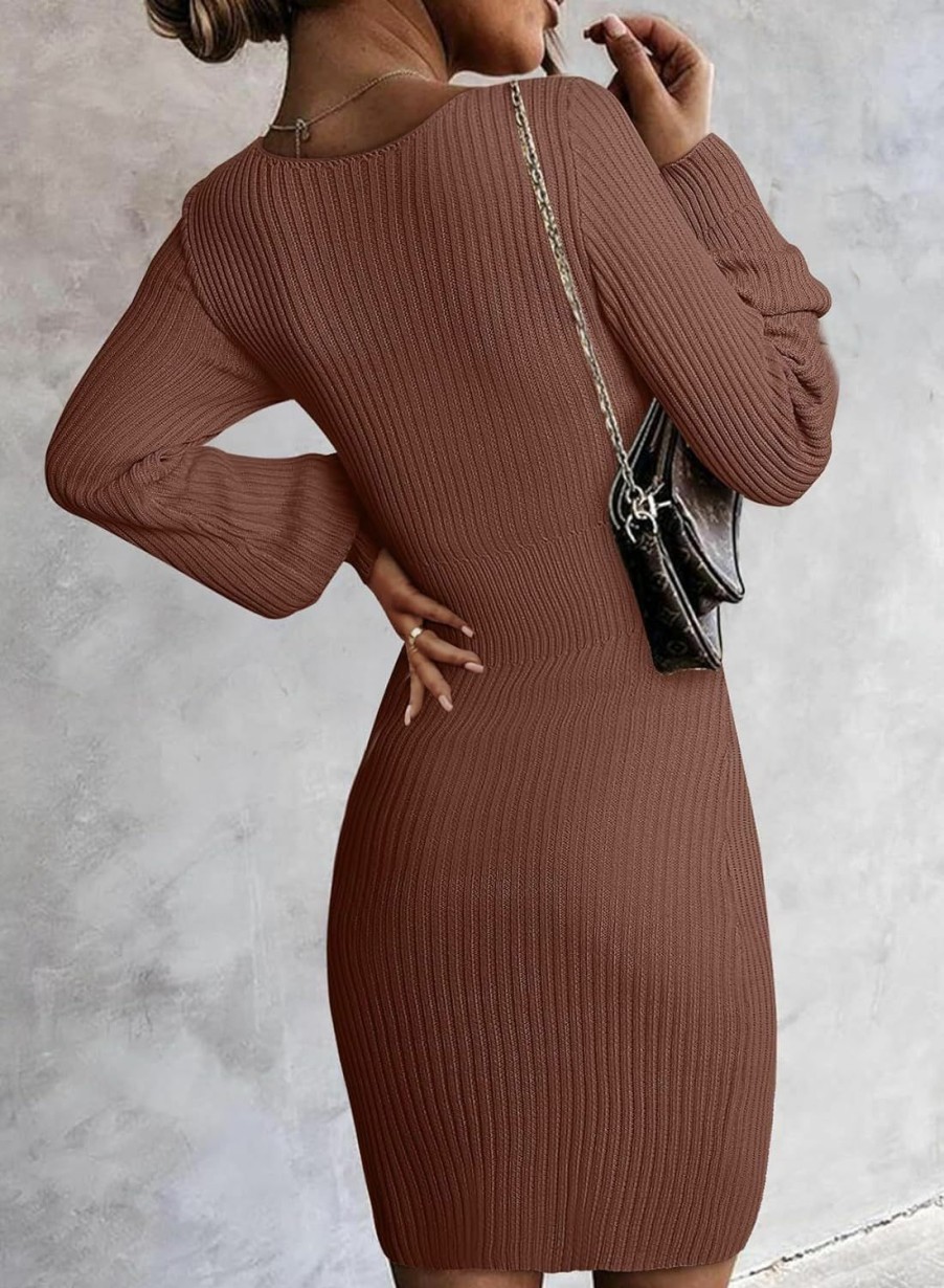 Sweaters | Sidefeel Sidefeel Womens 2023 Winter Ribbed Knit Sweater Dress Casual Long Sleeve Fall Dresses Sexy V Neck Bodycon Mini Dress