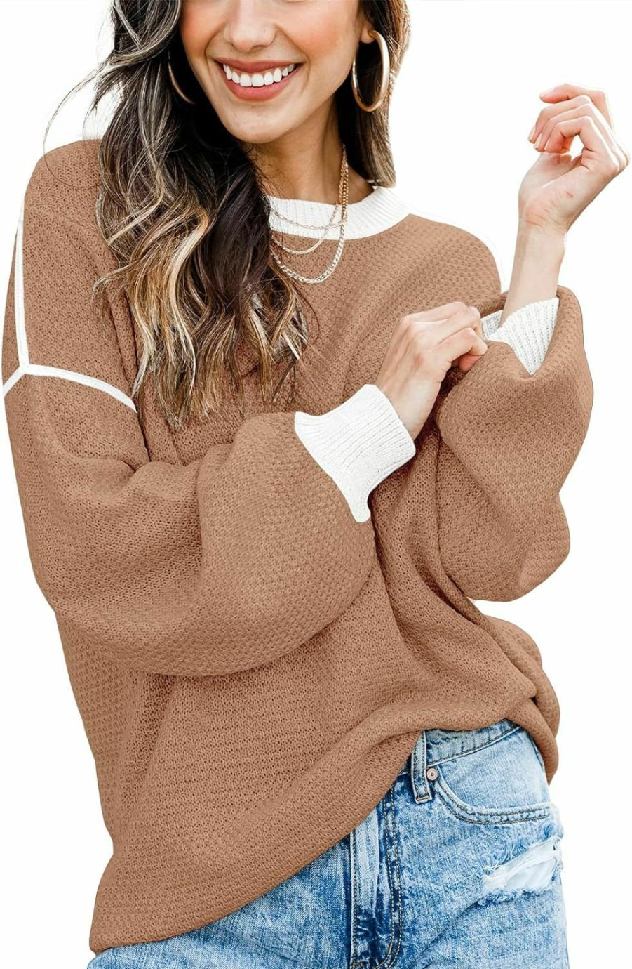 Sweaters | Disamer Fall Clothes For Women 2023 Trendy Crew Neck Oversized Sweaters Color Block Batwing Long Sleeve Knited Pullover Tops