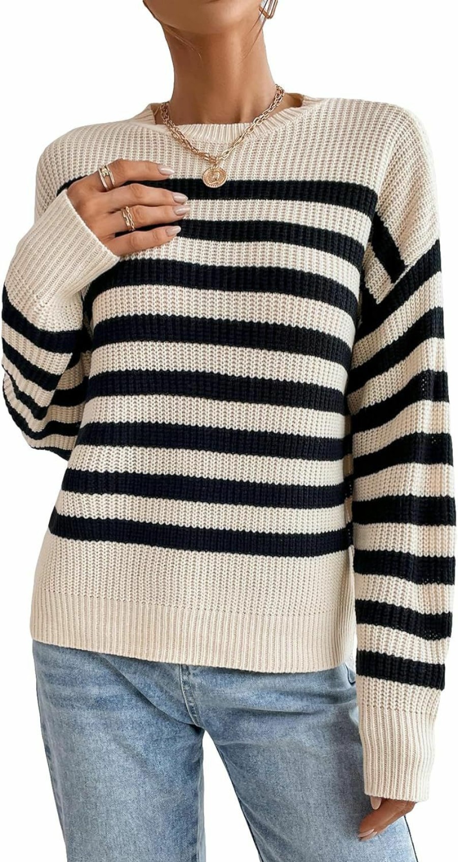 Sweaters | GORGLITTER Gorglitter Women'S Striped Drop Shoulder Sweater Long Sleeve Round Neck Pullover Top