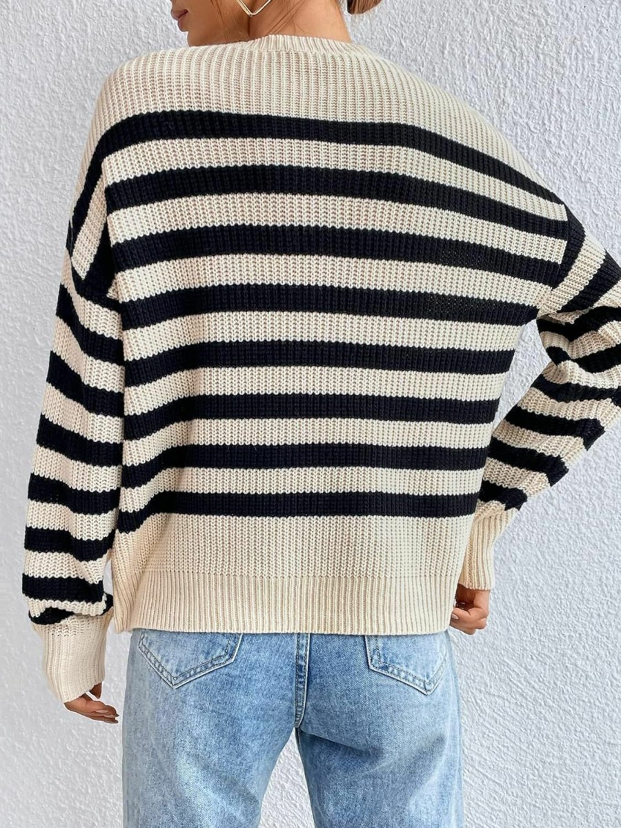 Sweaters | GORGLITTER Gorglitter Women'S Striped Drop Shoulder Sweater Long Sleeve Round Neck Pullover Top