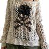 Sweaters | HOXIJIA Women Long Sleeve Sweaters Hollow Out Loose Round Neck Off Shoulder Crochet Cutout Fishnet Pullover Knitwear