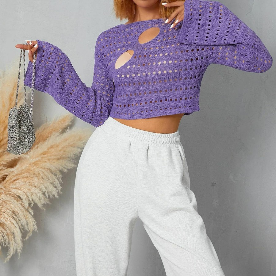 Sweaters | Wrrkayly Women Hollow Out Square Neck Crochet Knit Sweater Pullover Y2K Crop Tops Long Sleeve Crochet Blouse Y2K Streetwear