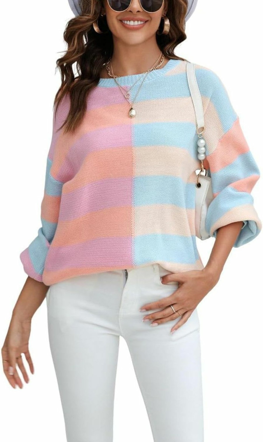 Sweaters | chouyatou Chouyatou Women'S Casual Crew Neck Color Block Striped Patchwork Knitted Pullover Sweater Tops