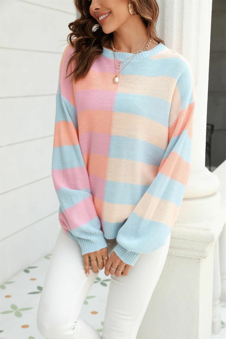 Sweaters | chouyatou Chouyatou Women'S Casual Crew Neck Color Block Striped Patchwork Knitted Pullover Sweater Tops